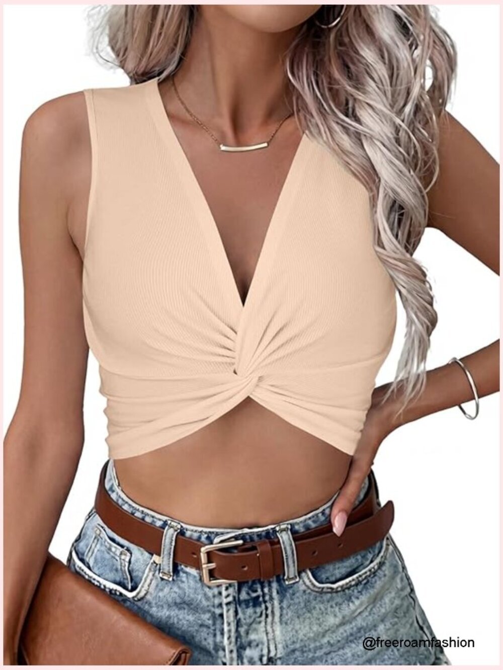 V-Neck Twist Front Ribbed Knit Sleeveless Crop Top Cami Tank